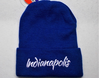 Indianapolis Beanie, Blue Knit Cap with White Embroidery