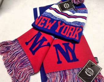 NEW YORK!!  Red and Blue Team Color Super Scarf and Pom Beanie Combo  Warm and Colorful