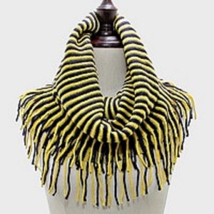 Navy Blue  and Gold Game Day Stripe Team Color Tubular Scarf/Snood with Fringe