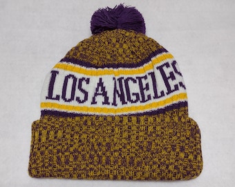 Los Angeles Pom Beanie: Purple/Gold/White Team Colors, Knit Winter Hat