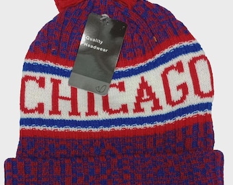 CHICAGO Baseball Marled Royal Blue/Red /White Tri color Pom Beanie! Adult one size will easily stretch to fit most all! Great Quality! Warm!