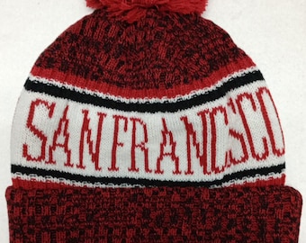 SAN FRANCISCO  Red/Black/White Marled Tri color Pom Beanie! Adult one size will easily stretch to fit most all! Great Quality! Warm!