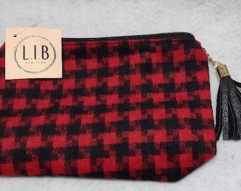 Classic Red and Black Houndstooth Pouch Bag With Wristlet