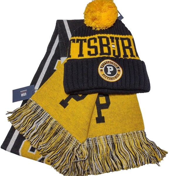 PITTSBURGH Football Black and Gold  Super Scarf Set with Long Cuff Pom Beanie with Embroidered Patch.   NEW 2022!!