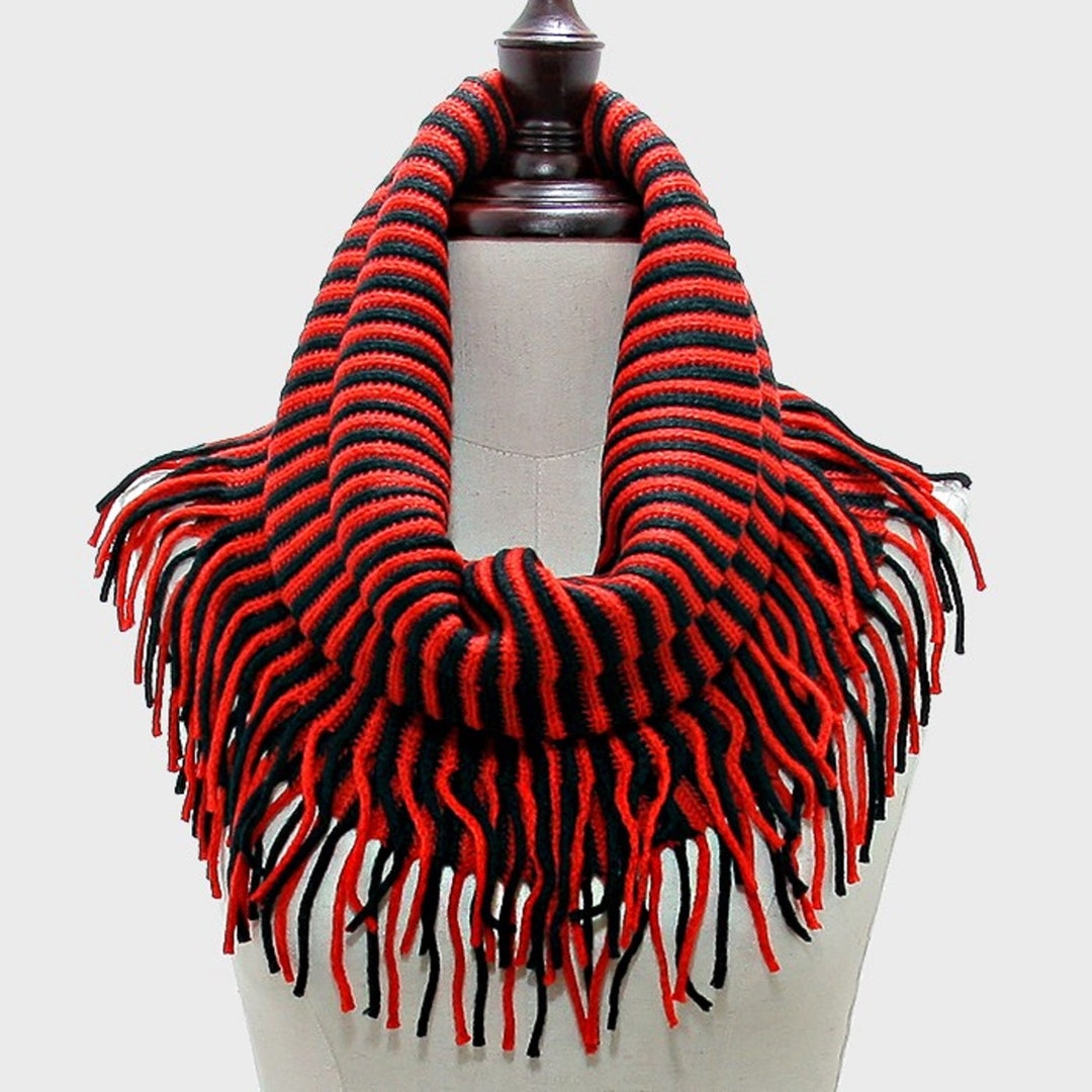 Vibrant Red and Black Game Day Stripe Tubular Scarf With Fringe - Etsy