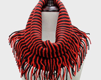 Vibrant Red and Black  Game Day  Stripe Tubular Scarf with Fringe