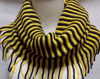 Vibrant Black and Gold  Game Day Stripe Tubular Scarf with Fringe