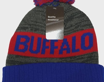 BUFFALO Football Team Color Red/Royal/Gray Tri color Pom Beanie! Adult one size will easily stretch to fit most all! Great Quality! Warm!