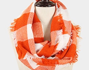 Vibrant  Orange  and White  Buffalo Check Infinity Scarf with Fringe