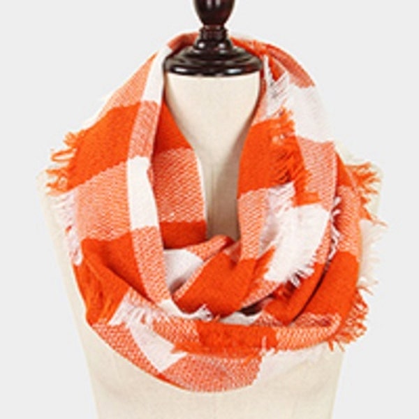 Vibrant  Orange  and White  Buffalo Check Infinity Scarf with Fringe