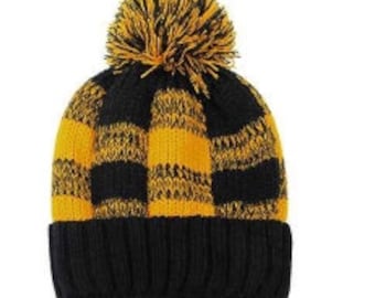 Black and Gold Buffalo Check Women's Cuffed PomPom Beanie