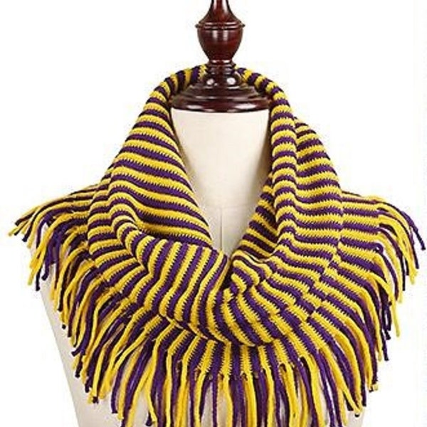 Vibrant Purple and Gold Game Day Stripe Tubular Scarf with Fringe