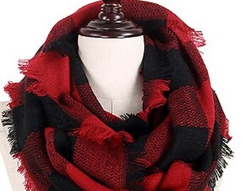 Vibrant Red and Black  Buffalo Check Infinity Scarf with Fringe