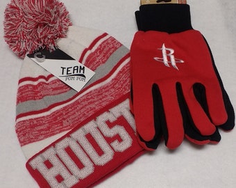 Houston Rockets Grip/Utility Gloves and Team Color/City Name Pom Pom Beanie