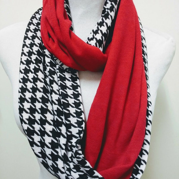 Reversible Red/Black/White Houndstooth Jersey feel Infinity Scarf