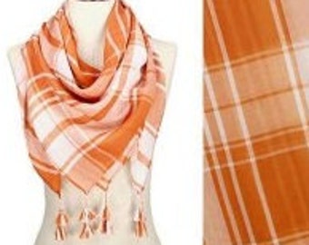 Orange and White Team Color Game Day Plaid Square Scarf with Tassels