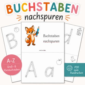 Puede incluir: Imprimible educativo con letras mayúsculas y minúsculas para trazar. La imagen incluye un zorro de dibujos animados sosteniendo un lápiz, y el texto "BUCHSTABEN nachspuren" y "A-Z Groß- & Kleinbuchstaben". El PDF está diseñado para imprimir.