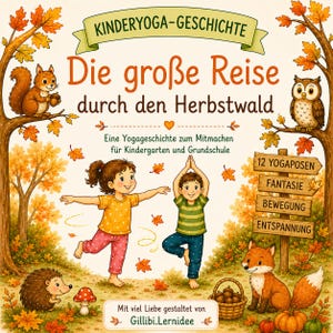 Może przedstawiać: Okładka książki dla dzieci zatytułowana Kinderyoga-Geschichte Die große Reise durch den Herbstwald, przedstawiająca dwoje dzieci ćwiczących jogę w jesiennym lesie, w otoczeniu wiewiórki, sowy, jeża, lisa oraz drewnianego drogowskazu.