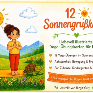 Può includere: Un set di carte di yoga per bambini con un'illustrazione a cartoni animati. L'immagine mostra un sole sorridente, una ragazza in posa yoga e una tartaruga. Il testo sulla carta recita "12 Sonnengrußkarten" e "Yoga-Übungskarten für Kinder."