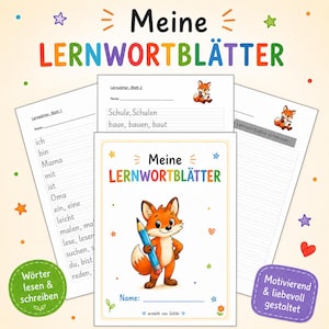 Op de afbeelding: Een set kleurrijke Duitse taalleerwerkbladen met de titel "Meine LERNWORTBLÄTTER". De omslag toont een cartoonvos met een potlood. Extra werkbladen bevatten schrijfoefeningen en woordenschat. De afbeelding bevat Duitse tekst.