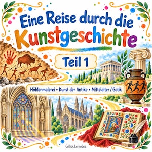 May include: A colorful educational book cover titled "Eine Reise durch die Kunstgeschichte Teil 1" featuring illustrations of cave paintings, a Greek temple, a classical vase, a Gothic cathedral, and an illuminated manuscript with a quill pen.