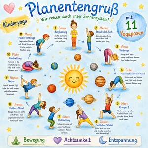 Children's Yoga Planetary Salutation Poster | 11 Yoga Poses for Children | Solar System Learning Poster | PDF Download | Kindergarten & Elementary School