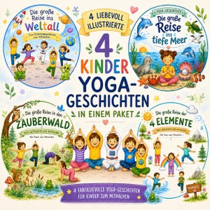 May include: A collection of four children's yoga storybooks featuring colourful illustrations of kids performing various yoga poses. The cover displays the text 4 KINDER YOGA-GESCHICHTEN IN EINEM PAKET, with four circular scenes depicting space, sea, forest, and elements themes.