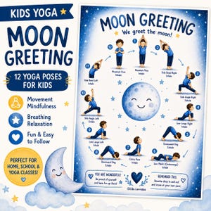 Könnte beinhalten: Ein Yoga-Poster für Kinder mit dem Titel Moon Greeting, das 12 nummerierte Posen zeigt, mit Illustrationen eines Kindes in blauem Shirt und Hose, das jede Bewegung um eine zentrale lächelnde Mondgrafik ausführt, inklusive Anleitungen.
