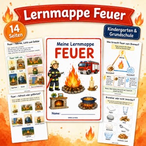 Może przedstawiać: 14-stronicowa teczka edukacyjna zatytułowana Lernmappe Feuer dla przedszkola i szkoły podstawowej. Strony zawierają ilustracje strażaka, wozu strażackiego, ogniska, świecy, kominka oraz garnka stojącego na kuchence.