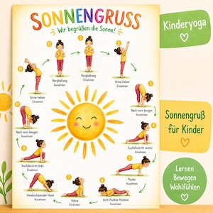 Op de afbeelding: Een kleurrijke yogaposter voor kinderen, met een reeks poses rond een lachende zon-illustratie. De poster bevat de Duitse titel "Sonnengruss" en instructies voor elke pose, die "Kinderyoga" promoot.