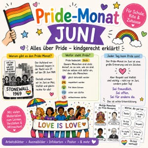 Może przedstawiać: Kolorowy plakat edukacyjny z okazji Miesiąca Dumy z napisem "Pride-Monat JUNI". Zawiera flagę tęczową, ilustracje i słowa "Love is Love". Plakat zawiera informacje o zamieszkach w Stonewall i znaczeniu dumy.