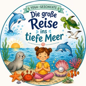 May include: A circular illustration titled Yoga-Geschichte Die große Reise ins tiefe Meer featuring a child meditating on a beach surrounded by a dolphin, sea turtle, seal, crab, starfish, clownfish, and a pearl in an open shell under a sun.