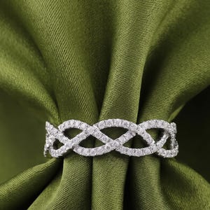 925 Sterling Silver Diamond Infinity Ring • Braided Woven Eternity Band