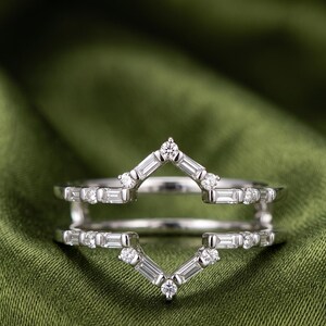 925 Silver Diamond Ring Enhancer • Baguette Chevron Ring Jacket • Geometric Double Guard Band • Art Deco Engagement Ring Stacker