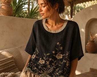 Flax Linen Blouse, Women Embroidered Floral Top, Loose Fit Botanical Summer Shirt