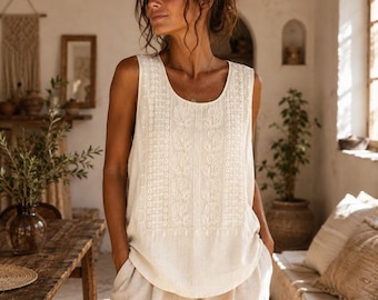 Loose Fit  Embroidered  Cotton Linen Tank Top – Sleeveless Summer Blouse with Wide Straps and Detailed Tonal Floral Embroidery