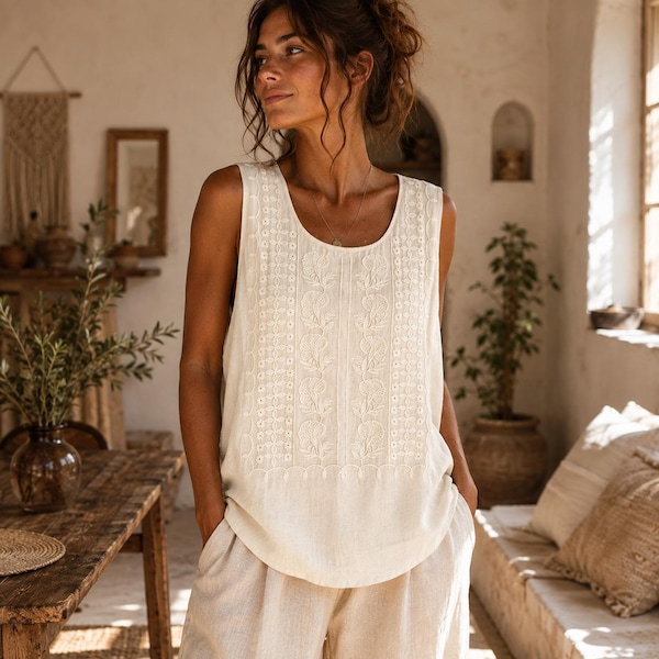 Locker geschnittenes, besticktes Tanktop aus Baumwoll-Leinen-Mischgewebe – Ärmellose Sommerbluse mit breiten Trägern und aufwendiger, tonaler Blumenstickerei.