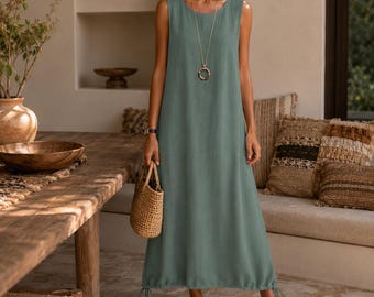 Minimalist Linen Look Midi Dress | Sleeveless Loose Fit A-Line for Women