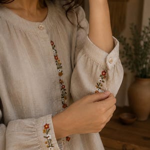 Puede incluir: Una camisa beige de manga larga con cuello redondo y cierre de botones frontal. La prenda está decorada con bordados florales verticales en rojo, amarillo y blanco a lo largo de la tapeta y en los puños, que también incluyen botones.
