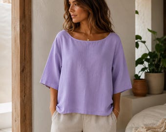 レディース コットンリネン ブラウス – ゆったりとしたフィット感の半袖トップス、ボートネック、夏向け。