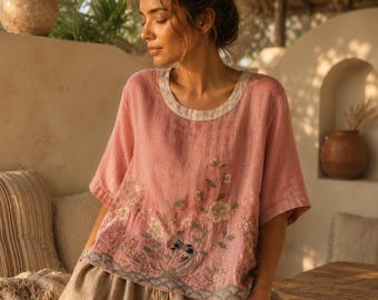 Flax Linen Blouse, Women Embroidered Floral Top, Loose Fit Botanical Summer Shirt