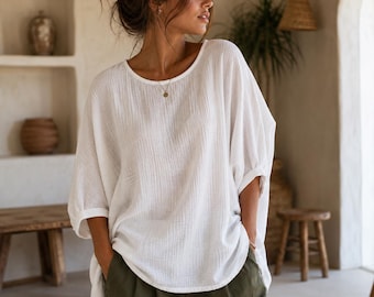 Relaxed Oversized Cotton Blouse – Lightweight Double Gauze Top with Batwing Sleeves and Longer Back Hem for Layering