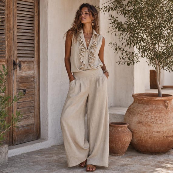 Leinen Zweiteiler Set Damen | Rüschen Ärmellose Bluse Hose mit weitem Bein | Passendes Sommer-Outfit