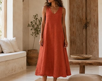 Vestido midi-maxi sin mangas para mujer en algodón y lino – Jersey de corte A con cuello en V, ideal para viajes, vacaciones y climas cálidos.