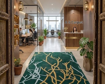 Emerald Green Abstract Botanical Area Rug | Modern Gold & Blue Branch Pattern Carpet | Hand Tufted Wool Nature Inspired Rug for Living Room