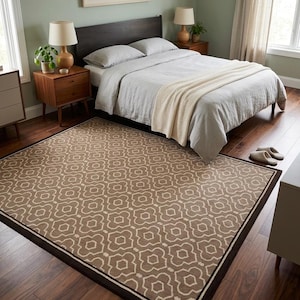 Hand Tufted Wool Trellis Rug | Taupe Cream Geometric Quatrefoil Carpet