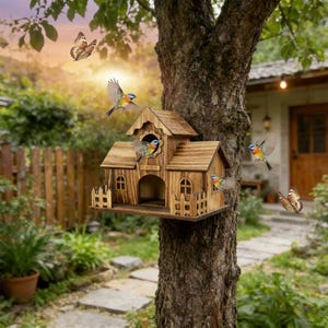 Può includere: Una casetta per uccelli in legno con un design a forma di casa è montata su un tronco d'albero. La casetta per uccelli ha un piccolo portico e finestre. Diversi uccelli colorati e farfalle volano intorno alla casetta per uccelli, con uno sfondo sfocato di una casa e vegetazione.