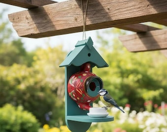 Floral Teapot Bird Feeder, Decorative Wall Mounted Birdhouse, Ceramic Garden Yard Art, Unique Outdoor Patio Balcony Decor,Bird Watching Gift