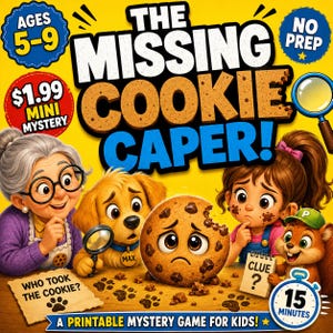 Puede incluir: Un juego de misterio imprimible para niños titulado The Missing Cookie Caper con una persona mayor, un perro llamado Max, un niño y una ardilla. La portada amarilla incluye texto, un gráfico de una galleta triste, una lupa y un temporizador.