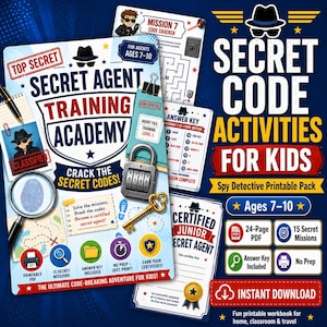 May include: A printable activity pack titled Secret Agent Training Academy featuring spy-themed graphics including a magnifying glass, a combination padlock, a gold key, a fingerprint, and various mission sheets for children ages 7-10.